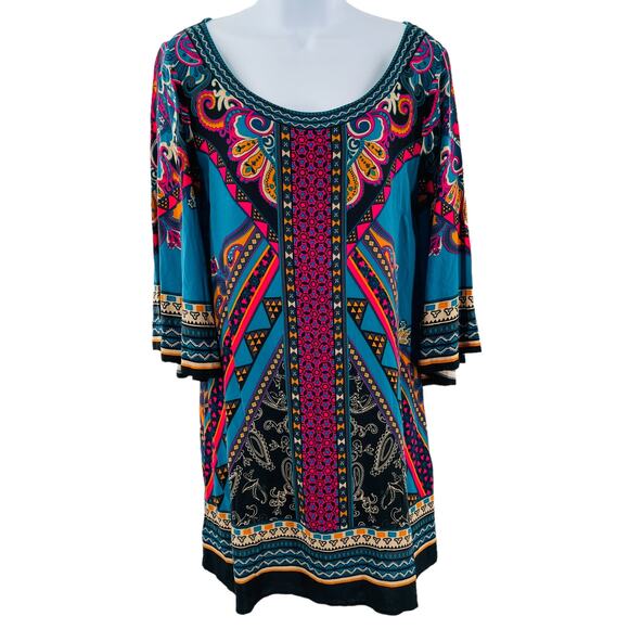 DeJaVu Teal Pink Ethnic Lightweight Colorful Festival Boho Summer Shift Dress L - Picture 2 of 13